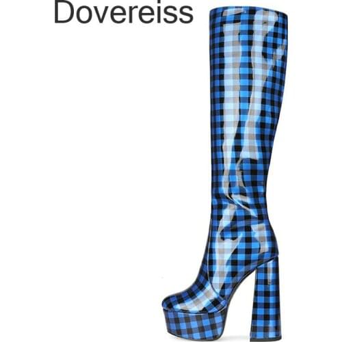 Winter Woman New Fashion Sexy Consice Blue Pointed Toe Waterproof Chunky Heels Zipper Knee High Boots Big Size 44 45