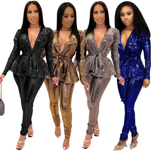 2020 Winter Women Sets Hot Stamping Tracksuits Full Sleeve Sashes Tops+Pants Suit Two Piece Set Night Club Party Outfits GL6332