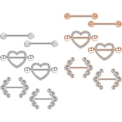 3 Pairs Women Stainless Steel Nipple Rings Straight Barbells Glitter Rhinestone Heart Curved Shape Jewelry Body Piercing