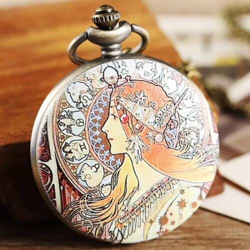 Greece Goddess Pocket Watch Fob Chain Necklace Men Flip Open Face Watch Goddess Quartz Clock for Men Women reloj de bolsillo