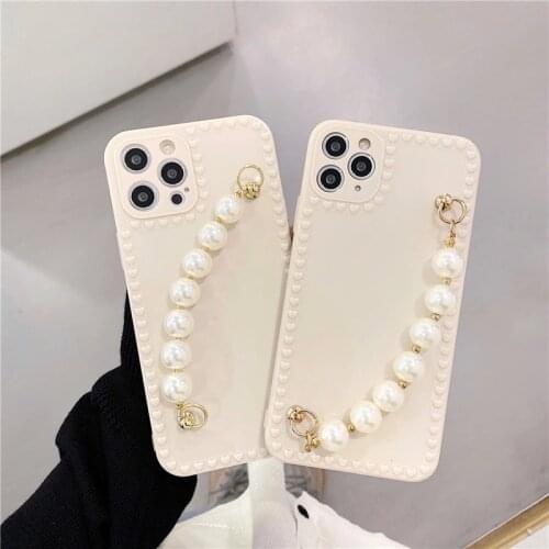 Wrist Chain Pearl White Case for iPhone 12 Pro Max Back Phone Cover for 12 Mini 11Pro Max X XS XR 8 7 Plus SE 2020 Capa
