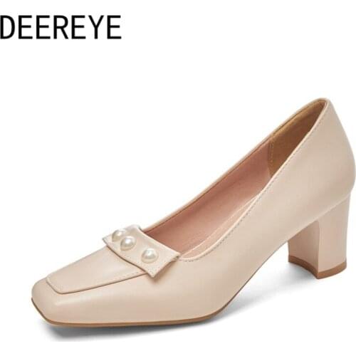 Elegant Womens Block High Heel White Pearls Pumps 6CM Casual Shoes Slip One Square Toe Luxury Designer Summer For Work Party