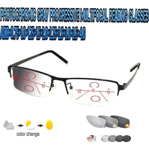 Photochromic Gray Progressive Multifocal Reading Glasses Men Woem Ultralight Black Frame+1.0 +1.5 +1.75 +2.0 +2.5 +3 +3.5 +4