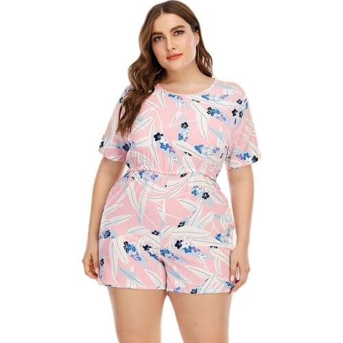 Jumpsuit Women 2021 Plus Size Womens Summer New Printed Short Sleeved Jumpsuits Round Neck Halter Casual Home Clothing