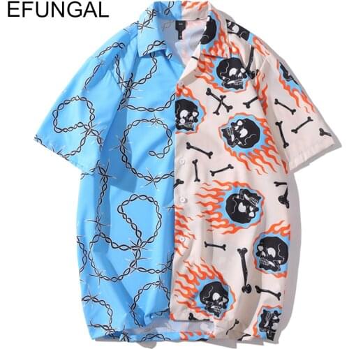 Summer Hawaiian Shirts Men Skull Chain Bone Print Hip Hop Shirt Japanese Streetwear Color Block Beach Short Sleeve Tops Cardigan