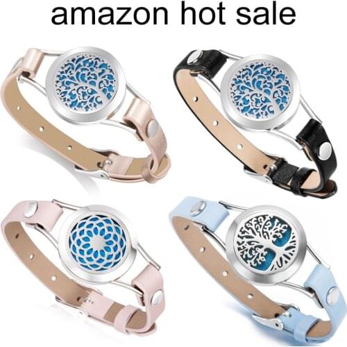 Amazon hot sale stainless steel Aromatherapy Essential Oil Diffuser Bracelet ,316L Locket genuine Leather bracelet free pads