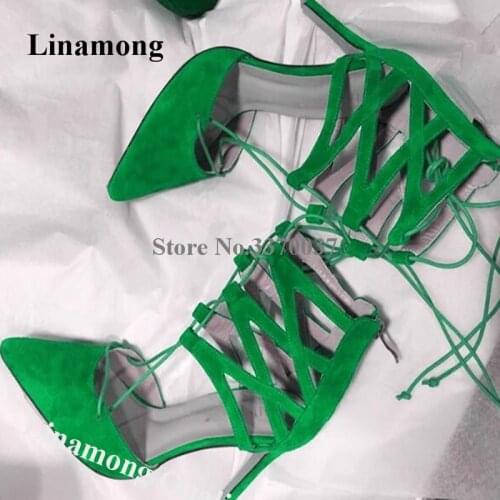 Linamong Elegant Fashion Pointed Toe Suede Stiletto Heel Gladiator Pumps Straps Cross Green Blue Cut-out High Heels Dress Shoes