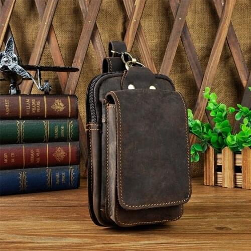 Men Small Waist Bag Cowhide Fashion Hook Bum Bag Waist Belt Pack Cigarette Case Waist Pack