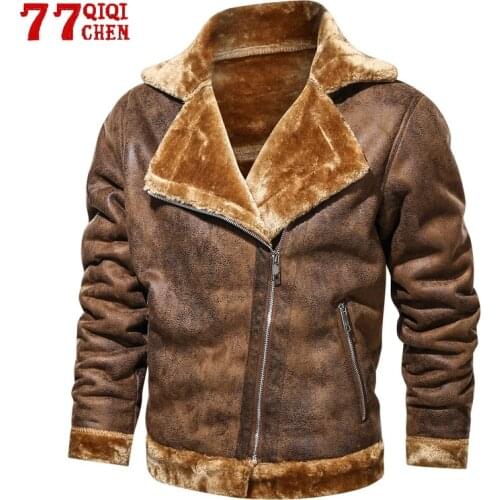 Mens Coats Suede Leather Jacket Chamois Parkas Male Fur Collar Wnter Fleece Warm Bomber Coat Casual Outwear Chaqueta Hombre