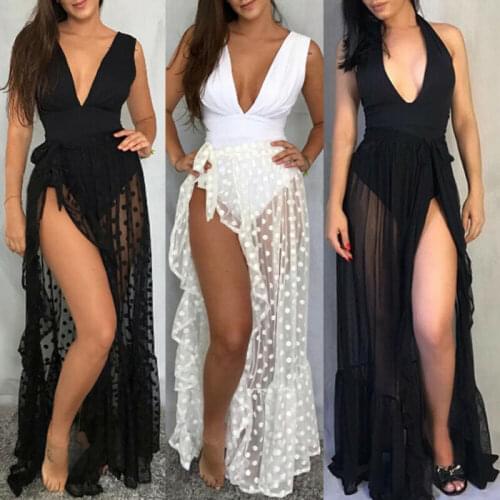 2021 New Sexy Women Mesh Sheer Beach Bikini Cover Ups Vacation Sunscreen Wrap Skirt RufflesDot High Waist Split Bikini Cover Up
