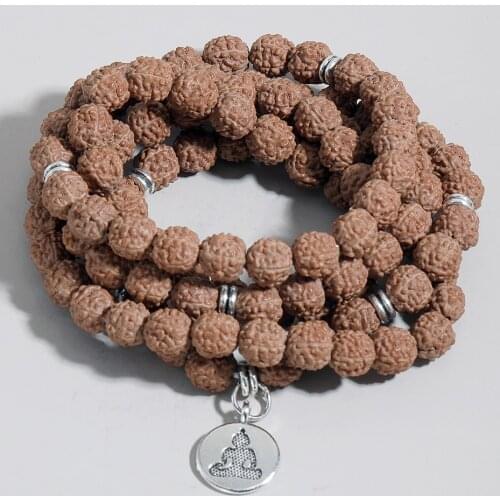 Natural Rudraksha Beaded 108 Mala Rosary Elastic Winding Bracelet Yoga Blessing Charm Bangle for Men and Women