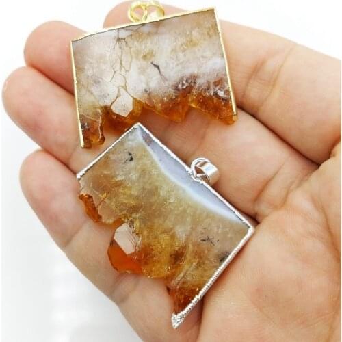 Raw Citrines Geode Slice Pendants Rectangle Crystal Quartz Drusy Yellow Druzy Slab Charms For DIY Necklace Jewelry