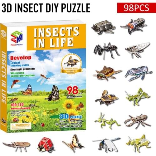 New 98pcs/set 3D Puzzle DIY Jigsaw Board Realistic Vivid Puzzle Insect Animal Handmade Educational Assembly Toy For Baby Kids