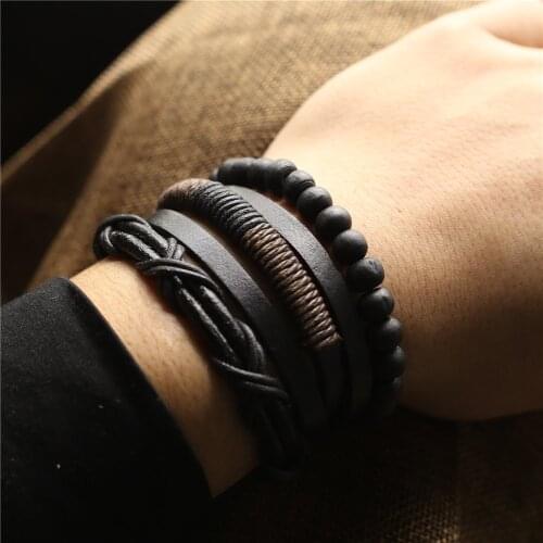 New Punk Handmade Woven Wood Beads Leather Men Bracelets Women Femme Homme Male Gift Jewelry Freely Shipping 3 Pcs/set