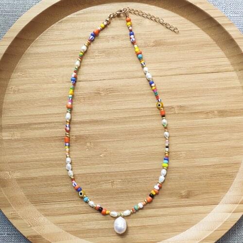 Bohemian natural pearl pendant necklace Mixed Multicolor Beads handmade choker for women trendy charm Jewelry Unique collana