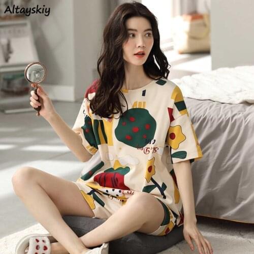Pajama Sets Women Lovely Students Korean Style Leisure Popular O-neck Print Sleepwear Feminine Summer Ruffles Breathable Simple