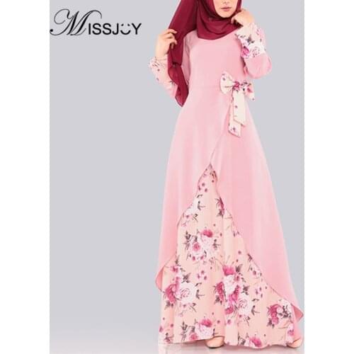 MISSJOY 2019 Muslim Women Dresses Kimono Abaya Print Floral Bow Arabic Split Irregular malaysia Dubai Elegant Robe Female Casual