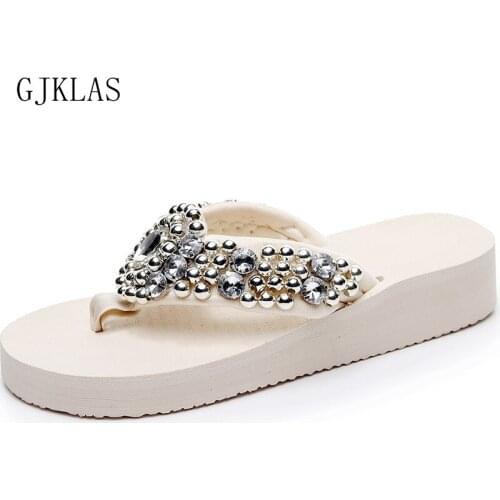 Womens Flipfliops Wedges Slippers Crystal White Black 3/6cm Heels Summer Shoes Women Flip Flops Fashion Slippers Female Size42