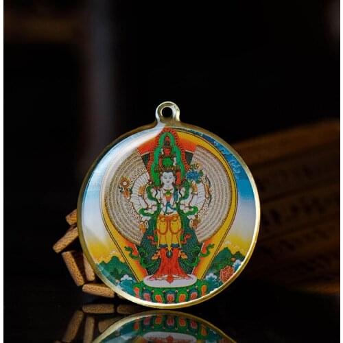 Thousand-Hands Kwan-yin Buddha Statue Small Thangka Tibetan Buddhism Copper Foil Pendant