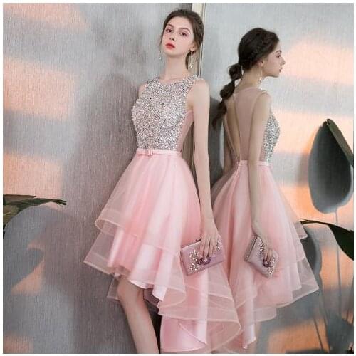 Spring Summer Pink Short Lady Girl Women Princess Banquet Party Dress Sequins Beads Tulle Dresses