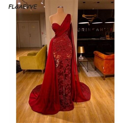 2021 Red Evening Dress Mermaid Lace V Neck One Shoulder Sleeveless Lace Up Floor Length Evening Prom Party Gowns