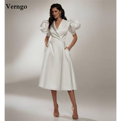 Verngo 2021 Modest A Line Satin Evening Dresses Puff Sleeves V Neck Formal Party Gowns Ankle Length Women Simple Event Cloth