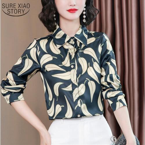 2021 Silk Shirt Autumn Leaves Print Blouses Clothes Fashion Long Sleeve Shirts Women Plus Size S-4XL Blusas Mujer De Moda 10724