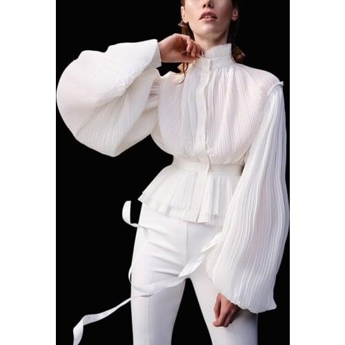 Runway Fashoin Unique Chiffon Lantern Sleeve Spring Autumn Women Blouse Pleated Slim Waist Trendy Shirt Top