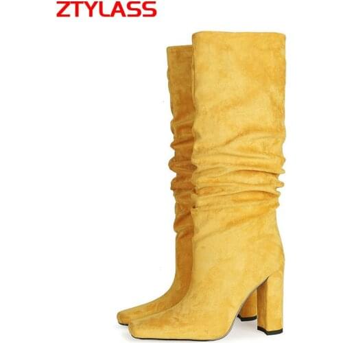 2021 Autumn Winter Faux Suede Women Knee High Boots Fashion Slip On Pleated Square Toe Boots Ladies Square High Heel Shoes