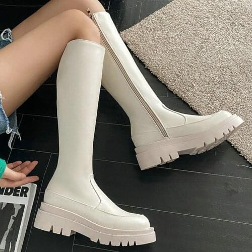 Black White Women Knee High Boots Platform Square High Heel Women Motorcycle Boots Autumn Winter Womans Boots Plus Size 43