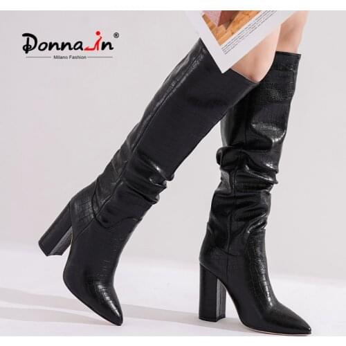 Donna-in 2020 Sexy Pleated Womens Winter High Boots Fashion High Heel Thick Heel Western Cowboy Boot Female Shoes Large Size