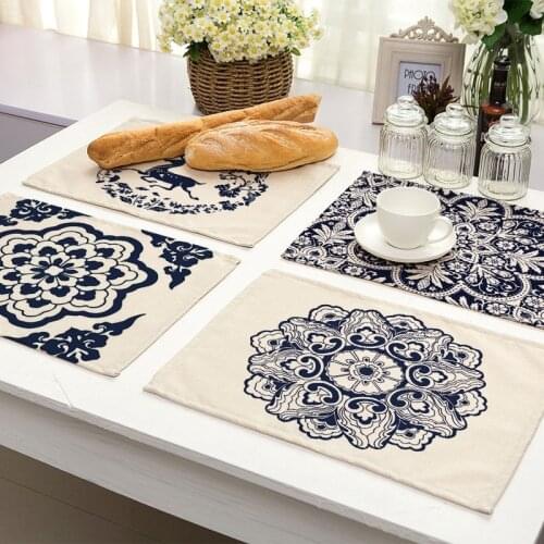 1Pcs Blue and white porcelain Pattern Placemat Dining Table Mat Tea Coaster Cotton Linen Pad Cup Mats 42*32cm Home Decor MC0034