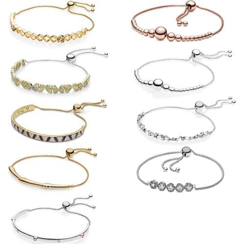 2020 NEW 100% 925 Sterling Silver Shine Stones And Stripes Sliding Bangle Bracelet Fit DIY Women Original Fashion Jewelry Gift