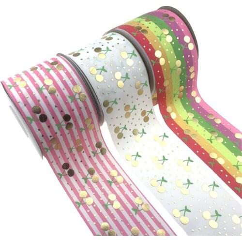 75mm Gold foil ink printed cherry grosgrain ribbon summer fruit series 100yards welcome custom printed