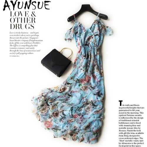 AYUNSUE Bohemian Chiffon Dress Summer 2021 Floral Long Dresses for Women Beach Casual Ladies Dresses V-Neck Vestidos Ycq4