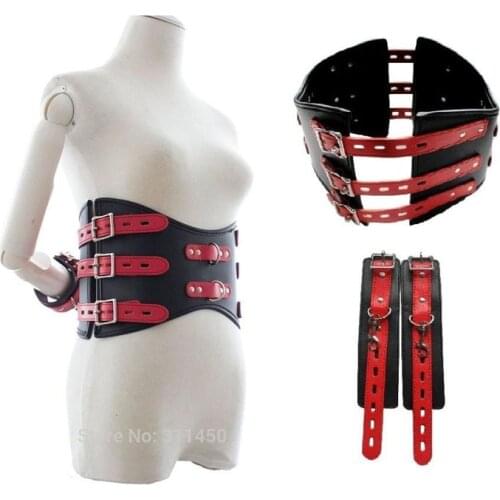 Bondage Fetish PU Leather Open Breast Waist Cincher Corset with Wrist Restraint Cuffs Kinky Fetish Training Toys