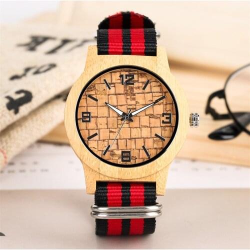 Fashion Black Red Nylon Band Quartz Bamboo Unisex Watch Retro Unique Arabic Numeral Round Dial Men Women Quartz Wristwatch Gift