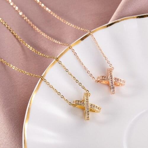 Hot sell X Shaped Crystal Pendant Necklace Stainless steel Chain For Women Girls Geometric Charms Choker Jewelry Party Gifts