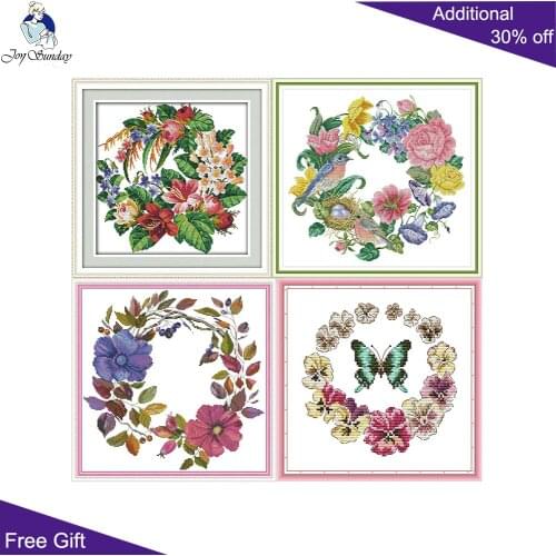 Joy Sunday Flower Bird Butterfly Wreath H632 H802 H810 H875 Counted Stamped Flowers Embroidery DIY Home Decor Cross Stitch kits