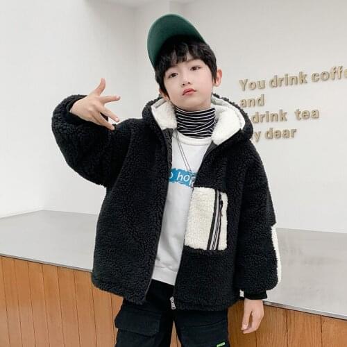 Classic Boys Wear Autumn Winter Clothes Hooded jackets Black White Fleece Outerwear Woolen Coats 3-13 Years Childrens Clothing