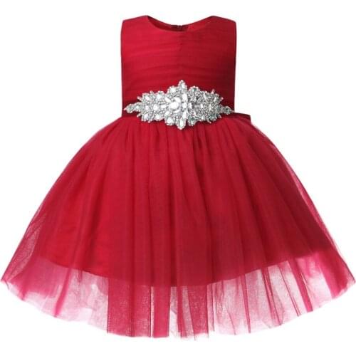 Red Tulle Baby Girl Dress Beaded Belt Flower Gown Summer Kids Princess Dress Infant 1 Year Birthday Baptism Christening Vestidos