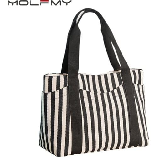 Fashion Womens Striped Canvas Handbag Hit Color Large Capacity Travel Bag Tote Bag Simple Casual Single Shoulder Bag Dropship