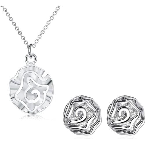 Fashion fine 925 sterling Silver beautiful rose flower Pendant earrings stud necklaces for women wedding Party Jewelry set gifts