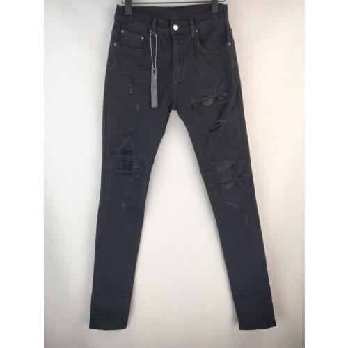 Men class hi street stretchy skinny ribbed patch distressed black jeans