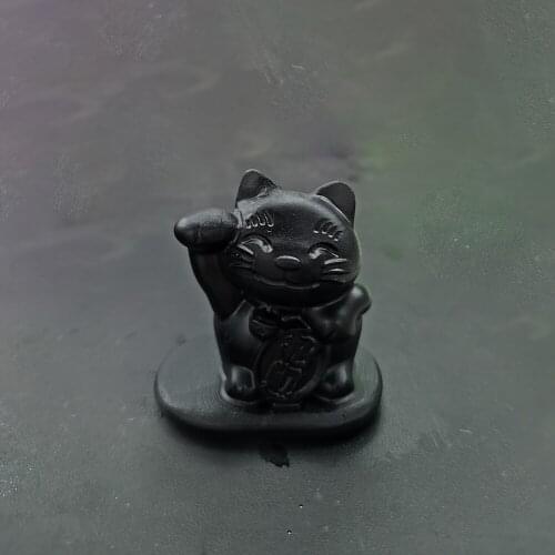 Natural Obsidian Lucky Cat Hand-carved Quartz Crystal Statue Healing Crystal Stone Crafts Home Decoration
