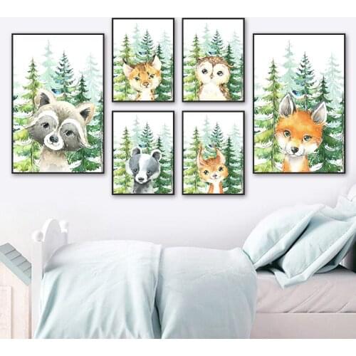 Cartoons Raccoon Fox Owl Bear Forest Animal Wall Art Canvas Painting Nordic Posters And Prints Wall Pictures Kids Room Decor