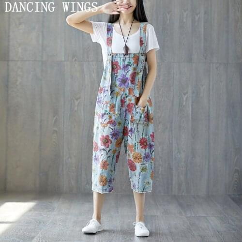 Spring Summer Women Loose Casual Ripped Jeans Jumpsuits Calf Length Ladies Floral Print Trousers Overalls for Women