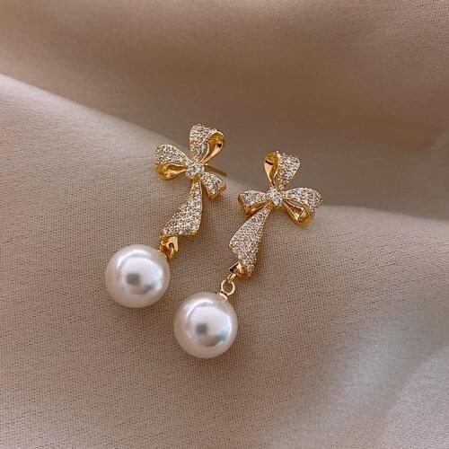 Yaologe Vivid Golden Bowknot Rhinestone Earrings Cute Delicate Pearl Pendant Earrings 2020 Elegant Charming Jewelry For Women