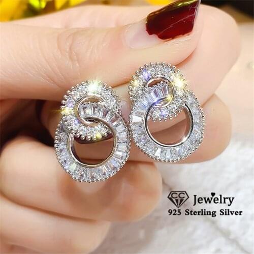 Stud Earrings For Women Real 925 Sterling Silver Luxury Fine Jewelry Cubic Zirconia Bridal Wedding Engagement Brincos CCE736