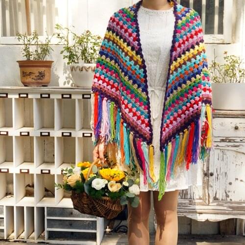 Chromatic colour Handmade Crochet granny square Tassel Scarf wraps women Big flower autumn winter scarves poncho Scarf